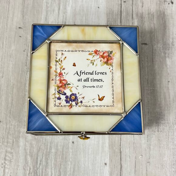 Vintage Dicksons Stained Glass Sentiment Box Floral Butterfly Trinket Jewelry - Picture 2 of 10